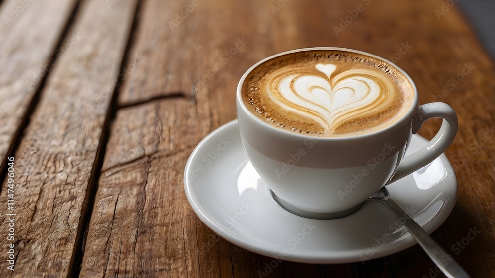 Close up white coffee cup with heart shape latte art on wood tab Close up white coffee cup with heart shape latte art on wood tab