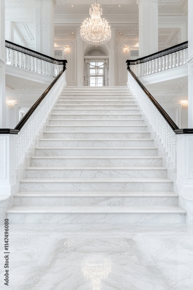 Elegant white marble staircase with chandelier.