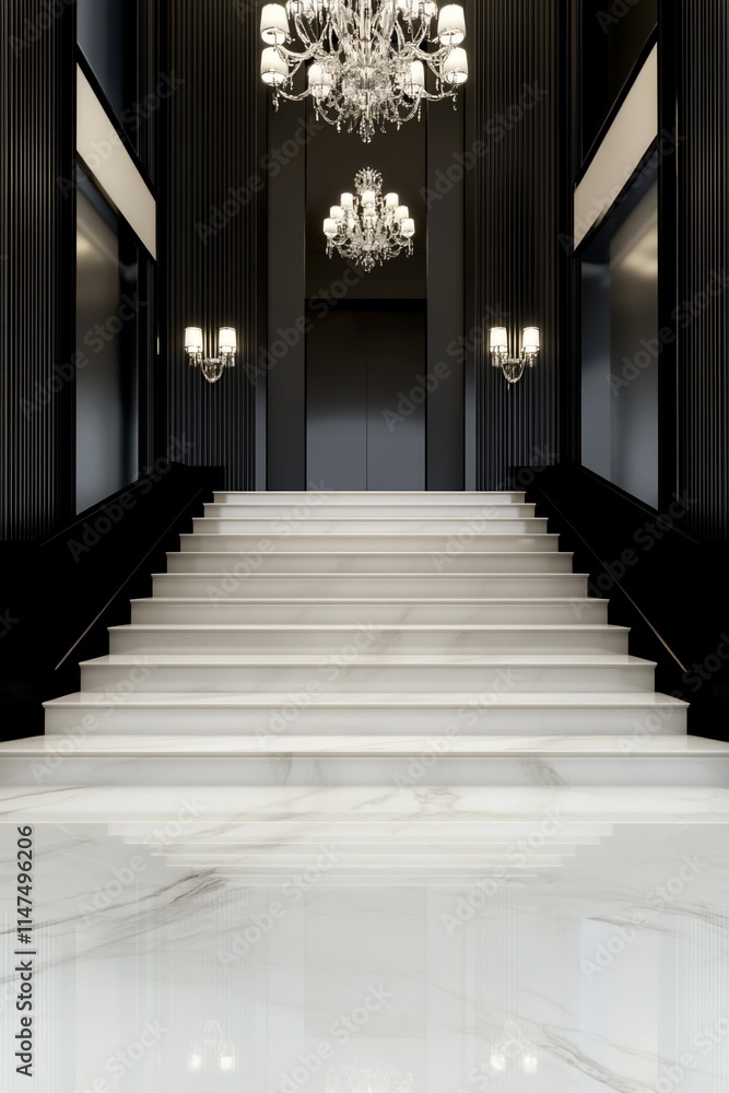 Fototapeta premium Elegant staircase with chandeliers in a luxurious setting.