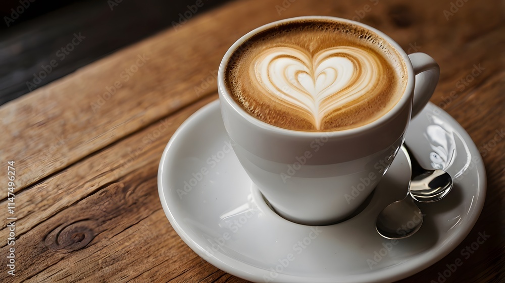 Close up white coffee cup with heart shape latte art on wood tab Close up white coffee cup with heart shape latte art on wood tab