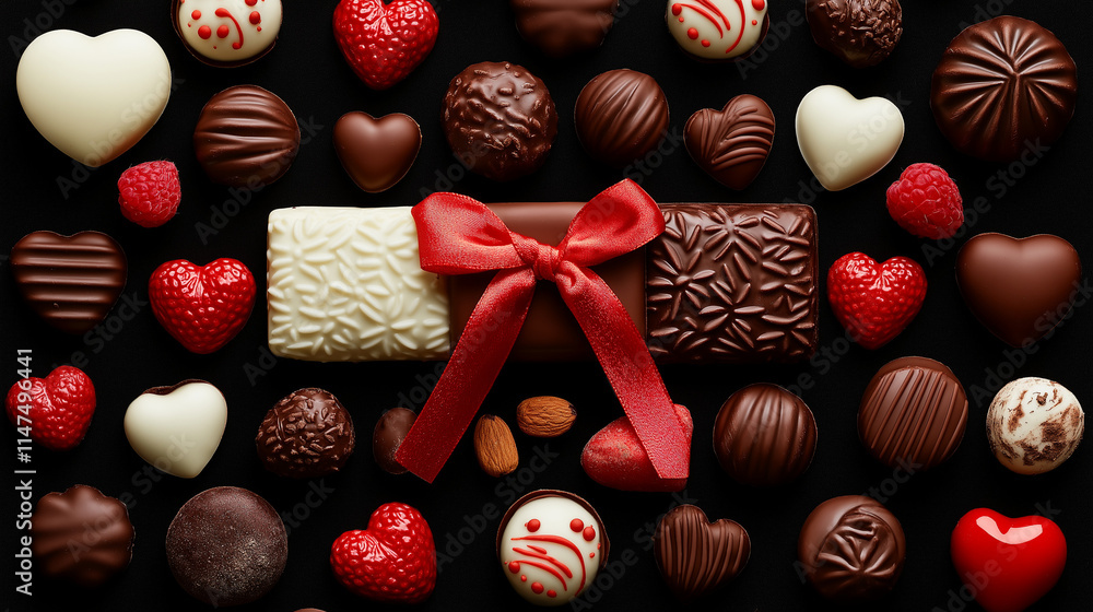 Fototapeta premium Chocolate Delights: An assortment of delicious chocolates, including heart-shaped candies, dark, milk, and white chocolate, adorned with a red satin bow, make for a decadent and tempting treat.