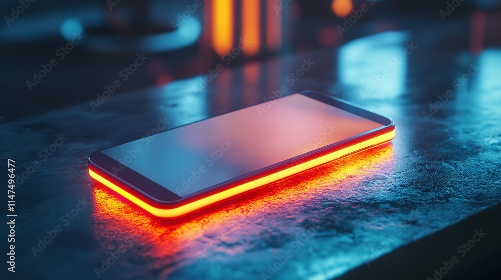 Smartphone Displaying Sunset Landscape on Wooden Table Smartphone Displaying Sunset Landscape on Wooden Table
