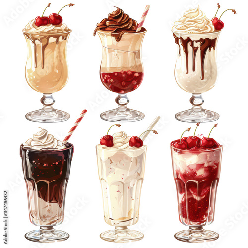 Vanilla Milkshakes with Whipped Cream and Cherries Isolated on Transparent or White Background, PNG