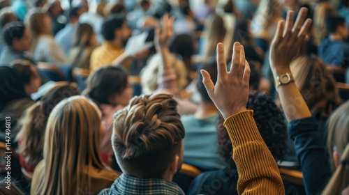 A diverse audience with raised hands, likely participating in a discussion or Q&A session.