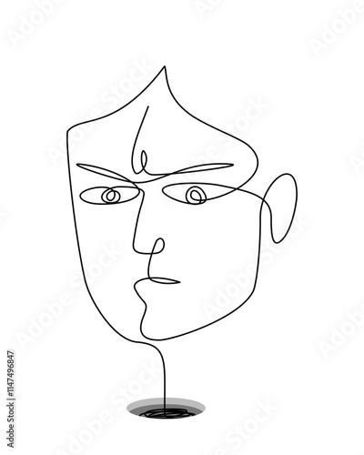 An angry face with the black hole of emotion in  repression concepts, continuous line art editable stroke.