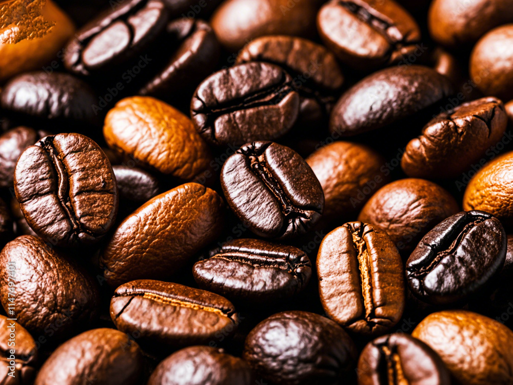 Fototapeta premium Assorted coffee beans, including light roasted and dark roasted varieties, arranged in a textured background 