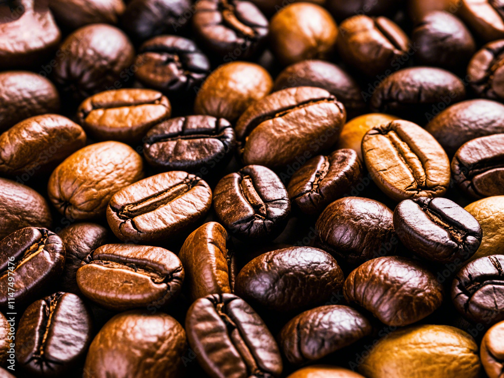 Obraz premium Assorted coffee beans, including light roasted and dark roasted varieties, arranged in a textured background 