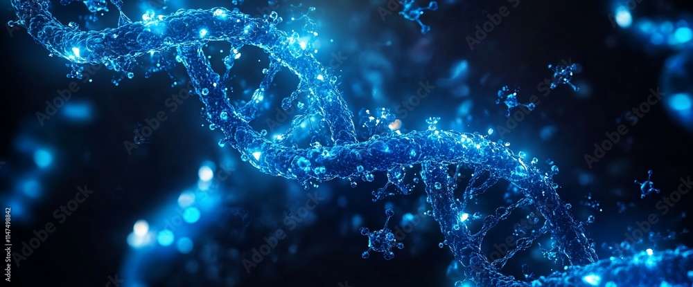 A vibrant representation of a DNA double helix structure in blue tones. A vibrant representation of a DNA double helix structure in blue tones.