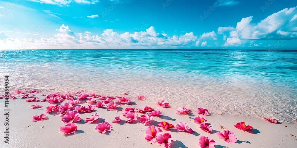 Light blue sea, blue sky and white beach, scattered pink roses. Spread beach, a champagne colored broken diamond fine twinkling rose path leading to Crescent Bay, Light blue sea, blue sky and white beach, scattered pink roses. Spread beach, a champagne colored broken diamond fine twinkling rose path leading to Crescent Bay,