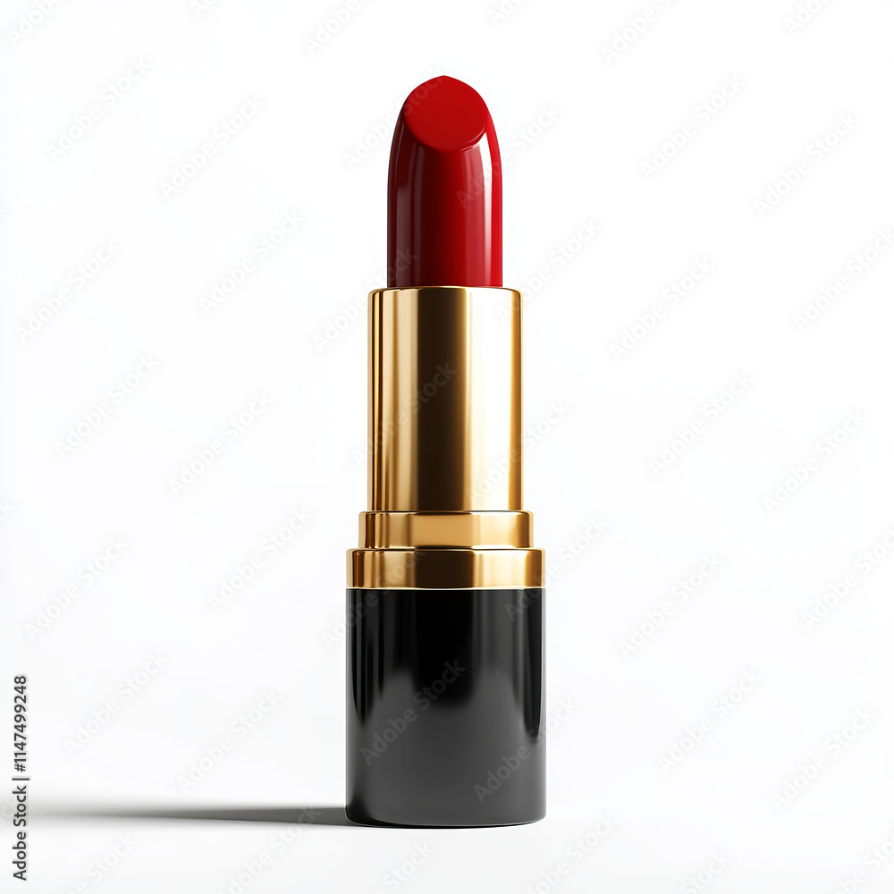 Luxurious red lipstick with golden and black casing, standing upright on white background, showcasing its vibrant color and elegant design Luxurious red lipstick with golden and black casing, standing upright on white background, showcasing its vibrant color and elegant design