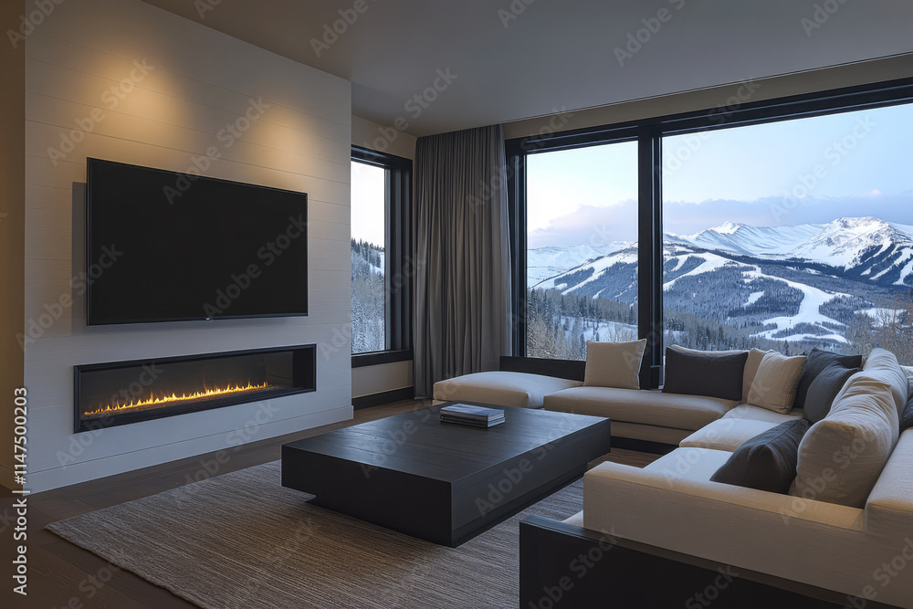 Modern living room with mountain view and cozy fireplace during winter