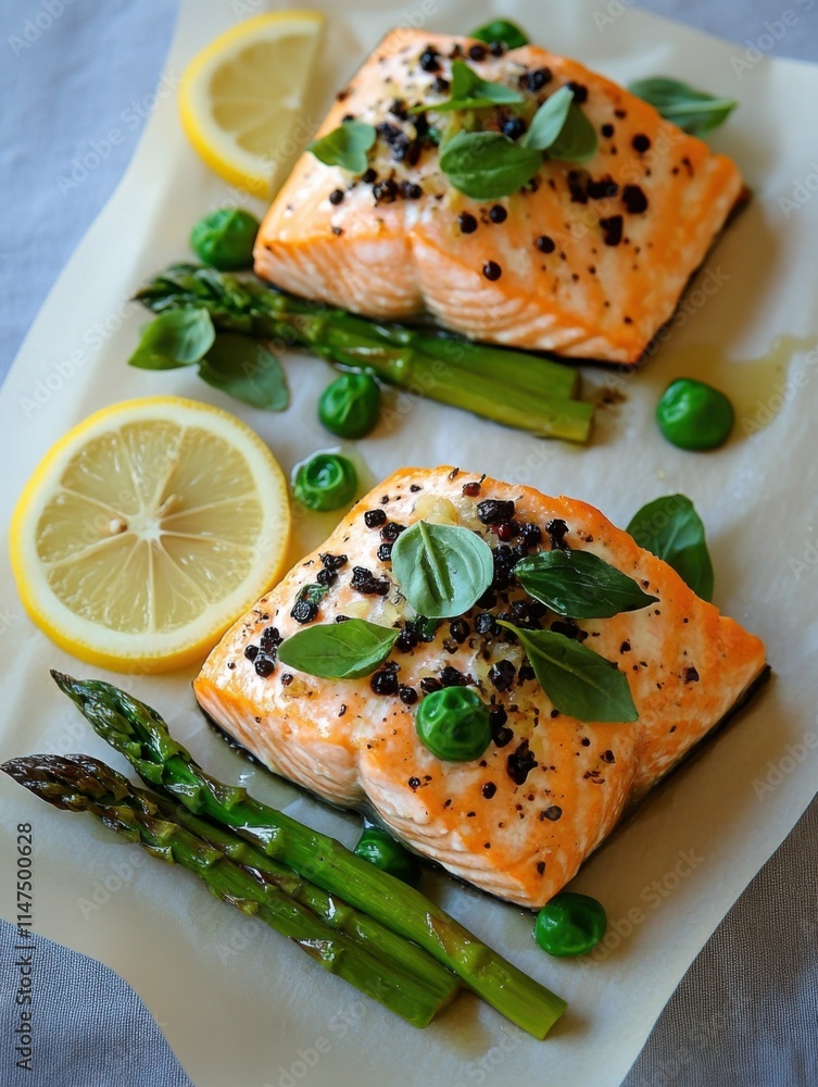Delicious Salmon and Asparagus Dish Kitchen Table Food Home Cooking Close-Up Healthy Eating Inspiration Delicious Salmon and Asparagus Dish Kitchen Table Food Home Cooking Close-Up Healthy Eating Inspiration