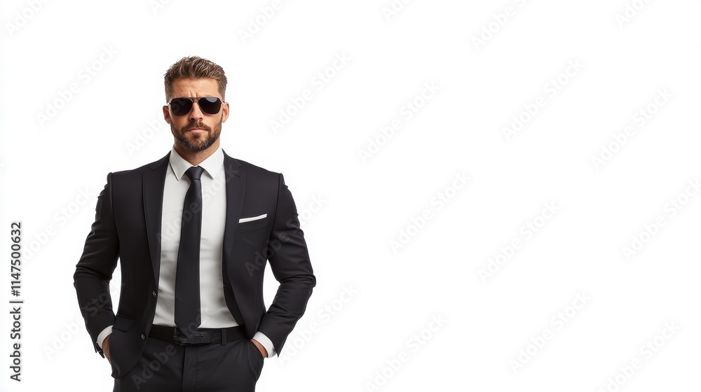 Confident Businessman in Formal Attire and Sunglasses Posing Against a Plain Background for a Stylish and Professional Look Confident Businessman in Formal Attire and Sunglasses Posing Against a Plain Background for a Stylish and Professional Look