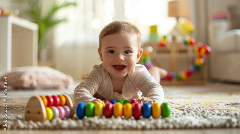 A joyful baby playing with colorful toys on a soft rug in a bright, cozy room. A joyful baby playing with colorful toys on a soft rug in a bright, cozy room.