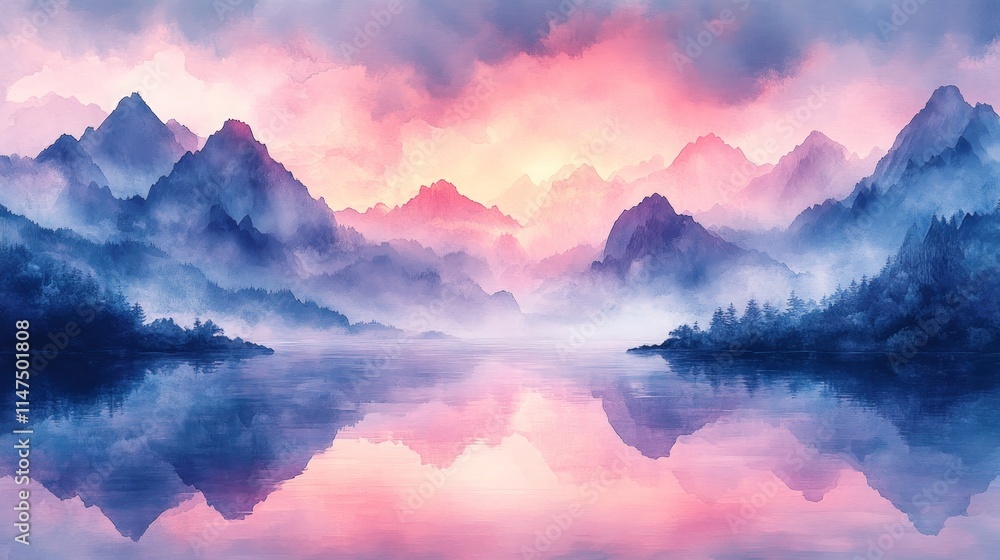Misty mountains reflected in serene lake. Misty mountains reflected in serene lake.