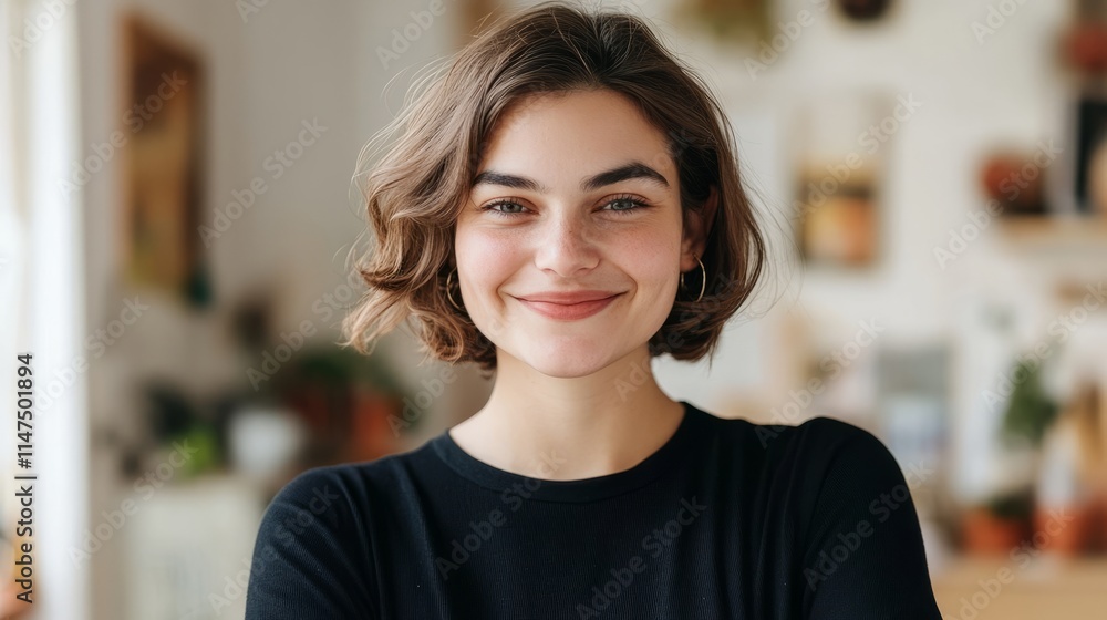 Brunette woman in black top posing near blurred wall at home Brunette woman in black top posing near blurred wall at home