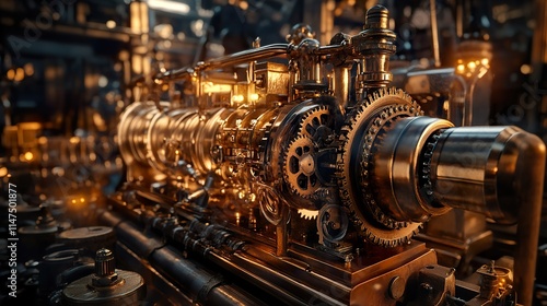 Close-up of intricate antique steam engine mechanism with brass gears and polished metal components, showcasing complex engineering.