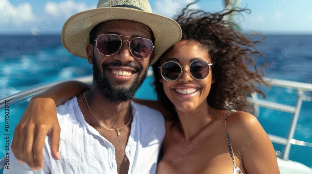A joyful couple smiling together on a boat against a scenic ocean backdrop. A joyful couple smiling together on a boat against a scenic ocean backdrop.