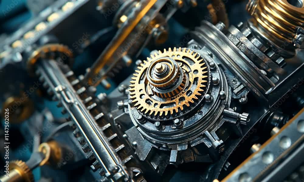 Close-up of intricate gears and mechanical components showcasing industrial design. Close-up of intricate gears and mechanical components showcasing industrial design.