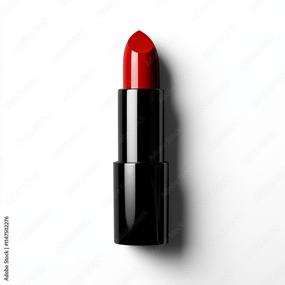 Elegant red lipstick in sleek black case, displayed on clean white background, showcasing its vibrant color and modern design Elegant red lipstick in sleek black case, displayed on clean white background, showcasing its vibrant color and modern design