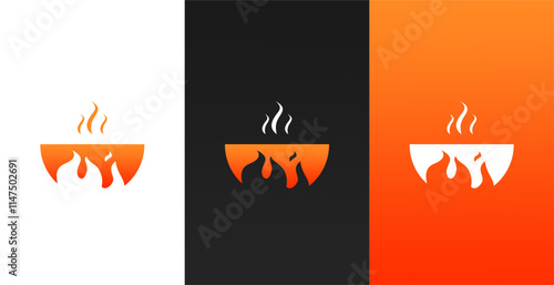 Pan fire hot icon logo cook food vector design isolated