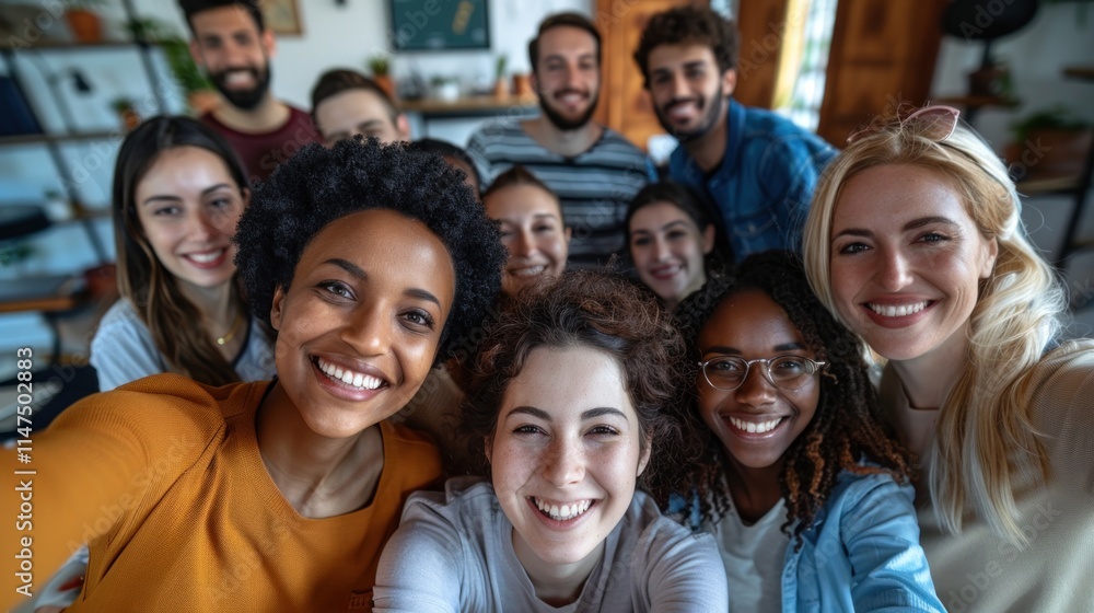 A joyful group selfie of diverse friends smiling together in a cozy indoor setting. A joyful group selfie of diverse friends smiling together in a cozy indoor setting.