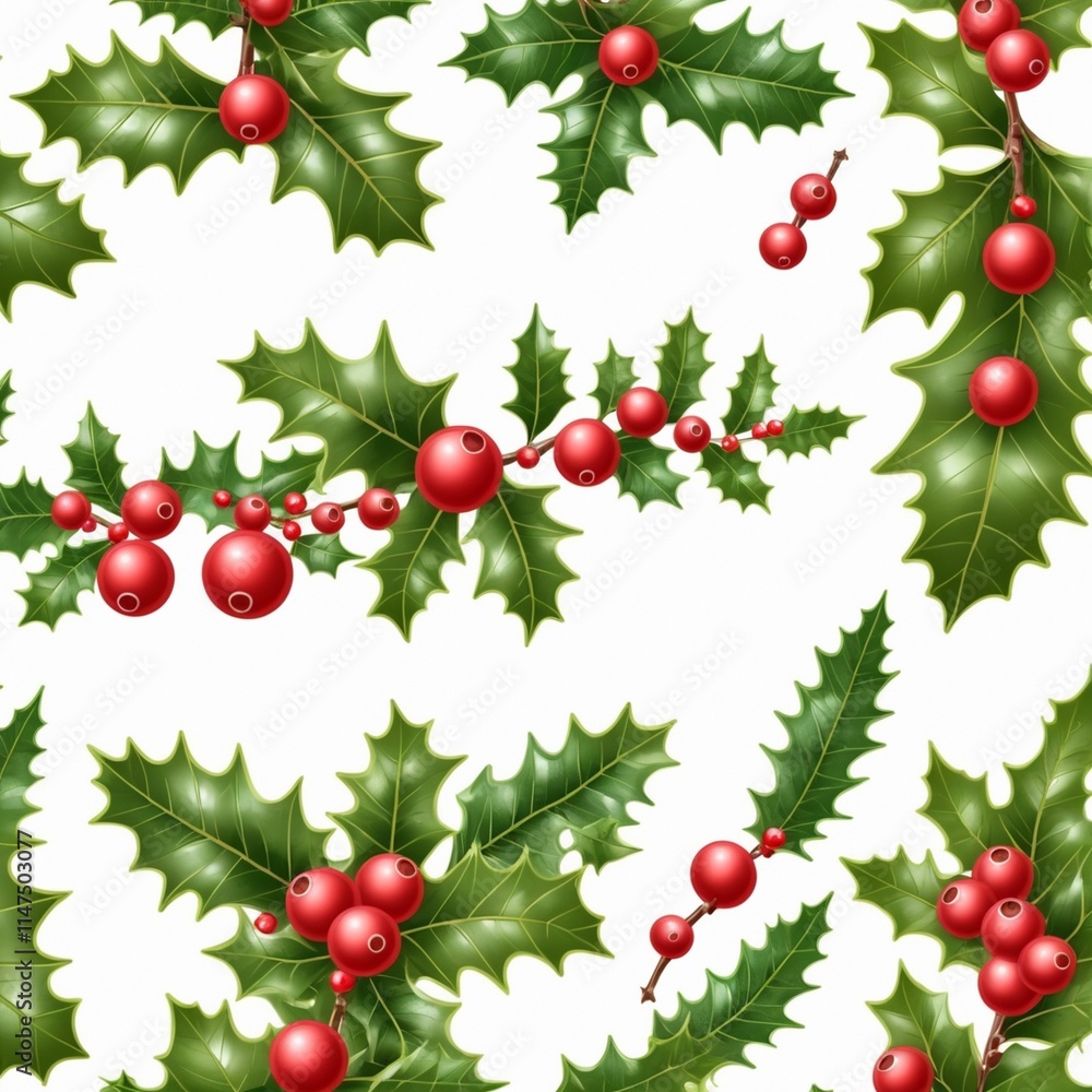 Fototapeta premium Collection set of Holly branches with leaves and berries, traditional natural green and red Christmas and Holidays ornaments isolated on white background