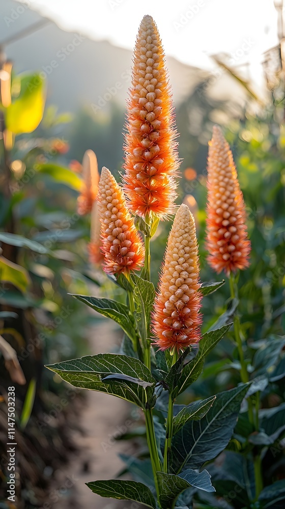 A vibrant close-up of orange flowering plants standing tall in a lush garden, bathed in golden sunlight, creating a warm and inviting atmosphere. A vibrant close-up of orange flowering plants standing tall in a lush garden, bathed in golden sunlight, creating a warm and inviting atmosphere.