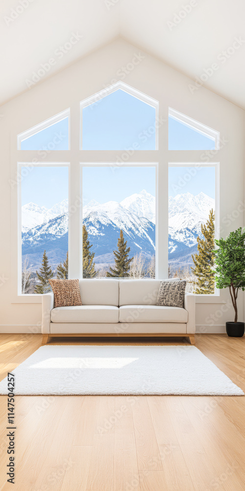 Fototapeta premium Beautiful living room with mountain view through large windows during daylight hours