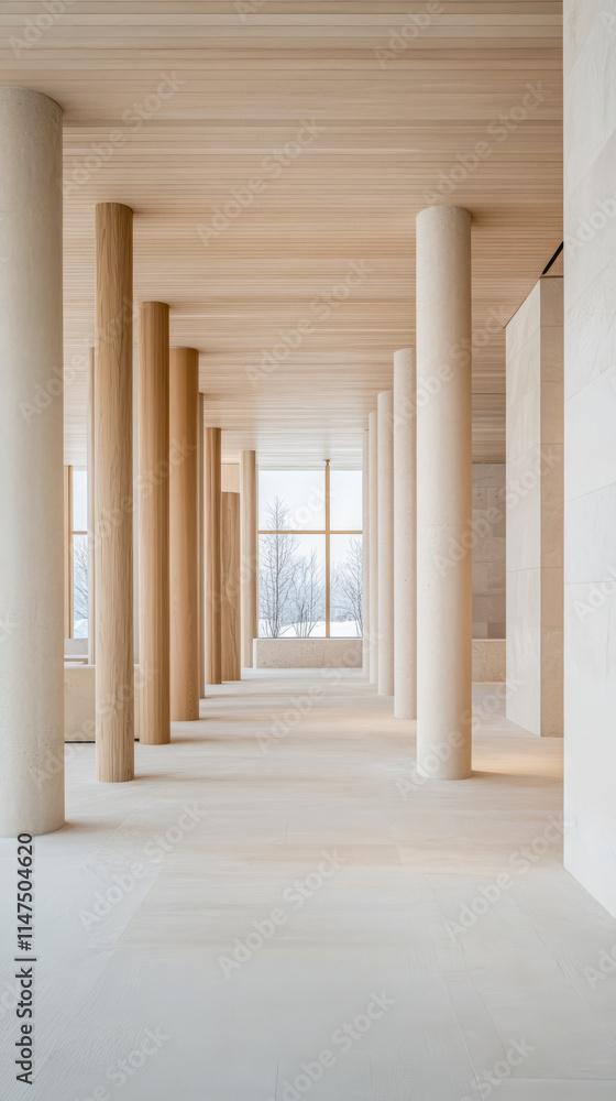 Modern architectural interior featuring tall columns and natural light in a serene setting Modern architectural interior featuring tall columns and natural light in a serene setting