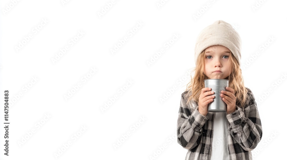 A thoughtful young girl in a cozy beanie and checkered shirt holding a metal mug, conveying a sense of contemplation and innocence against a clean white background. A thoughtful young girl in a cozy beanie and checkered shirt holding a metal mug, conveying a sense of contemplation and innocence against a clean white background.