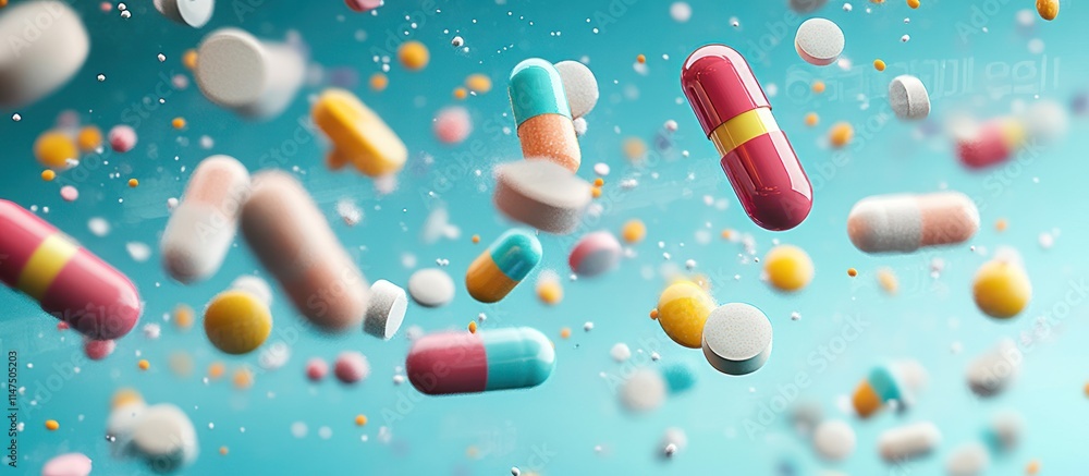 Multicolored pills floating in mid-air against a blue background. Multicolored pills floating in mid-air against a blue background.