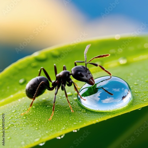 black ant on green leaf photo