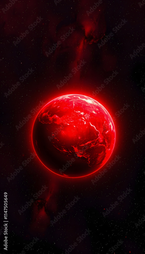 Obraz premium Red glowing earth in cosmic environment - Dramatic image of a glowing red earth with vivid highlights and shadow contrast, set against a surreal cosmic background, clipart style, with white tones