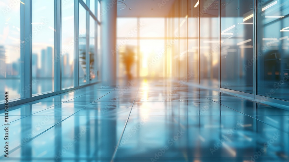 A modern office space with glass walls reflecting a sunset, creating a serene atmosphere. A modern office space with glass walls reflecting a sunset, creating a serene atmosphere.