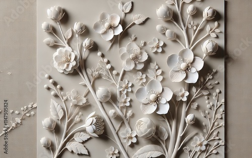 Elegant 3D Floral Wall Design Featuring Intricate Blossoms, Buds, and Leaves