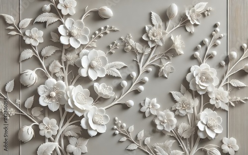 Delicate White Floral 3D Wall Art Featuring Elegant Petals, Branches, and Buds