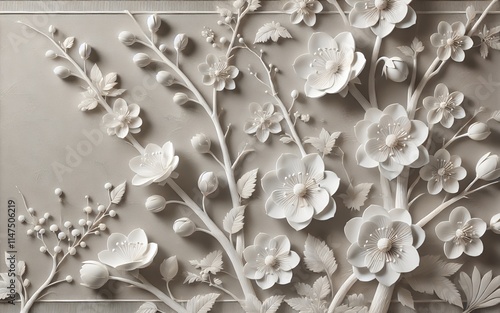 Intricate 3D Floral Wall Art with Graceful Blossoms, Budding Stems, and Leafy Details