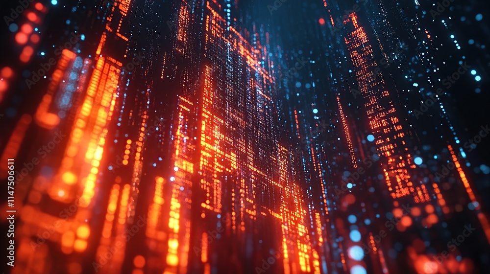 Abstract digital data stream, glowing orange and blue lines forming a futuristic cityscape. Abstract digital data stream, glowing orange and blue lines forming a futuristic cityscape.