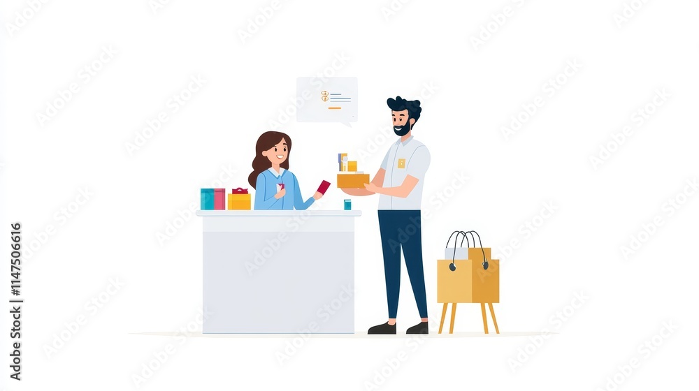 Friendly Retail Interaction Between Salesperson and Customer at Checkout Counter in a Modern Store Environment with Colorful Products Displayed Friendly Retail Interaction Between Salesperson and Customer at Checkout Counter in a Modern Store Environment with Colorful Products Displayed