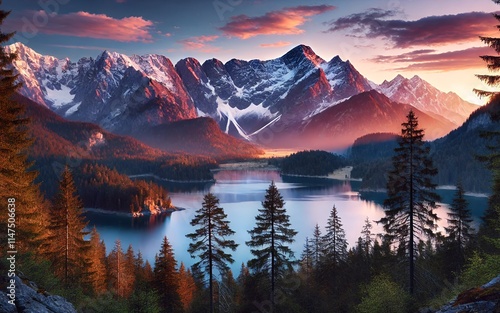 Majestic Mountain Range with a Tranquil Lake and Evergreen Forest at Sunset