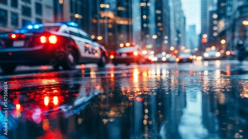 Police car lights flashing in a busy urban environment, symbolizing vigilance and security in maintaining public order.