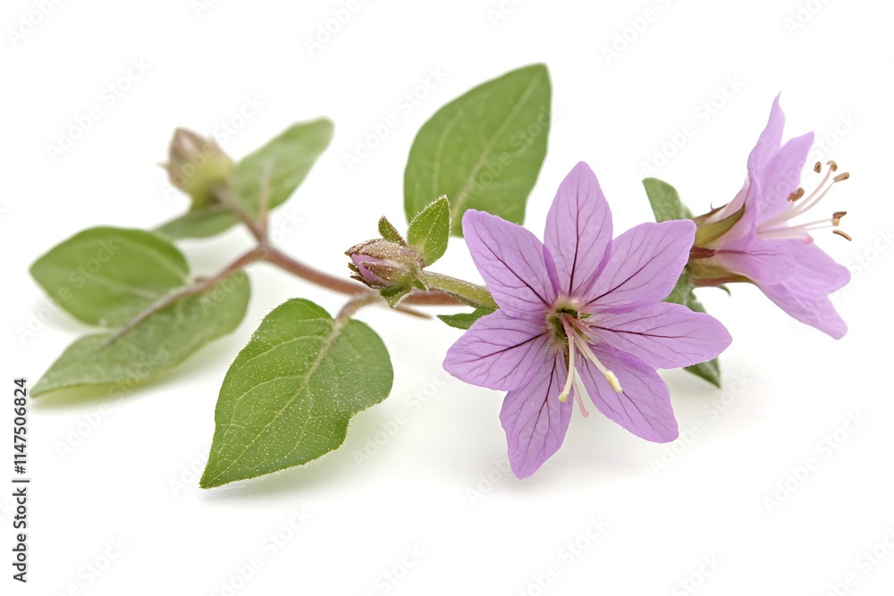 Obraz premium Delicate light purple flowers with green leaves isolated on white background.