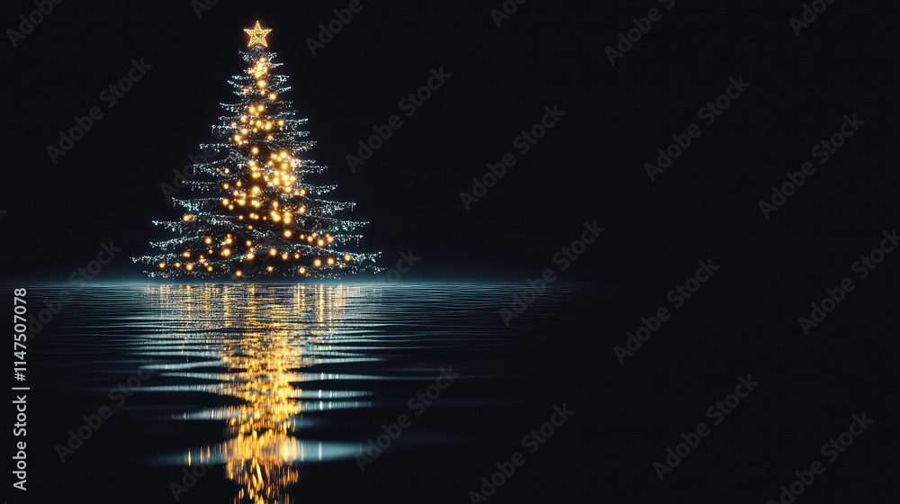Illuminated Christmas tree reflected in dark water. Illuminated Christmas tree reflected in dark water.