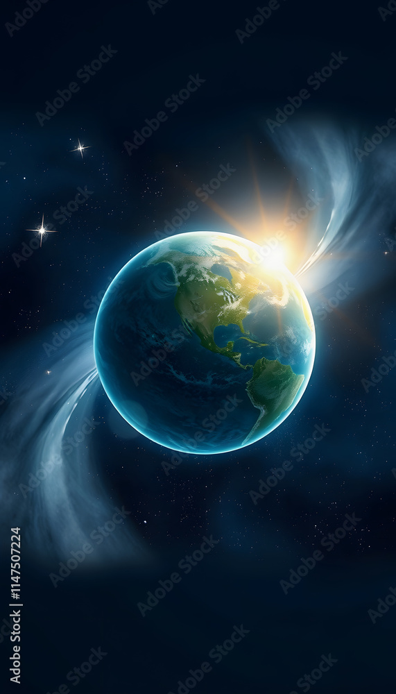 Fototapeta premium Space planet earth with energy waves around and light peeking out. Universe science astronomy space dark background wallpaper, watercolor, with white tones