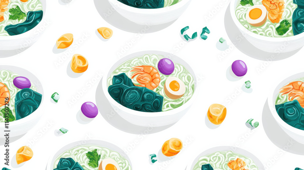 Naklejka premium A seamless pattern featuring bowls of ramen with vibrant green and orange noodles, colorful toppings like purple eggs and blue seaweed, interspersed with teal shrimp and golden dumplings