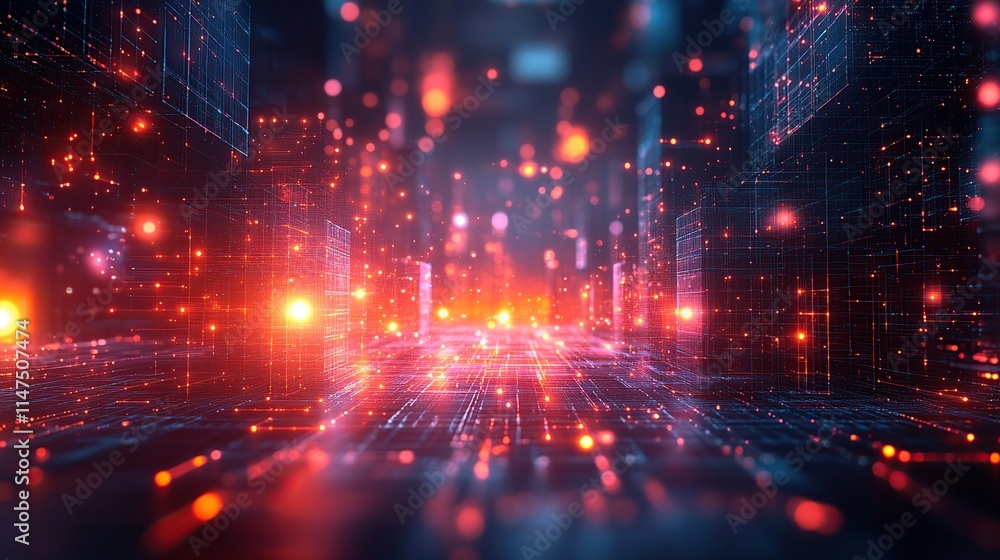 Abstract digital city glowing with red and orange lights, showcasing futuristic architecture and technology. Abstract digital city glowing with red and orange lights, showcasing futuristic architecture and technology.