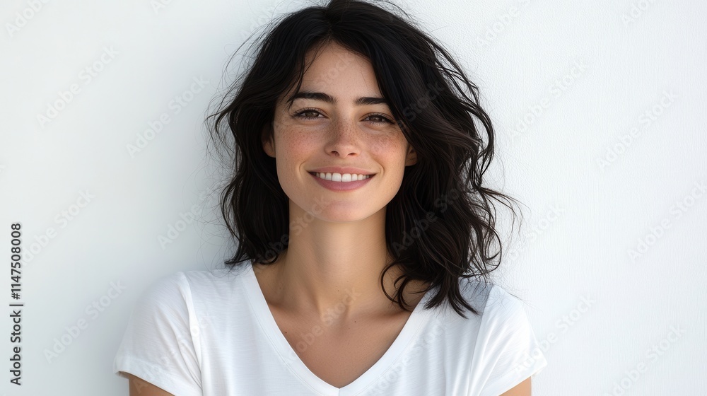 Smiling woman with brunette hair, wearing a white t-shirt. Ideal for beauty, fashion, or lifestyle projects needing a happy, approachable model. Smiling woman with brunette hair, wearing a white t-shirt. Ideal for beauty, fashion, or lifestyle projects needing a happy, approachable model.