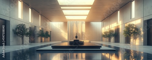 A modern interpretation of judicial gavel and scales of justice, centered in a contemporary court hall with sleek architecture, creating a powerful legal atmosphere photo