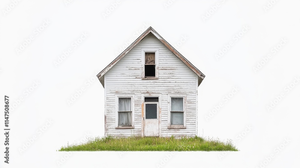 Abandoned White Wooden House Surrounded by Tall Grass with Windows and Door in Distress on a Minimalist White Background Abandoned White Wooden House Surrounded by Tall Grass with Windows and Door in Distress on a Minimalist White Background